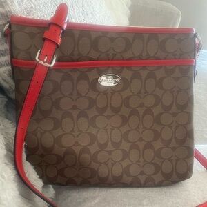 Coach Signature Monogram Brown and Red Crossbody Bag
